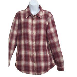 Bit & Bridle Sherpa Lined Flannel Shacket Womens M Red Plaid Snap Button Long Sl